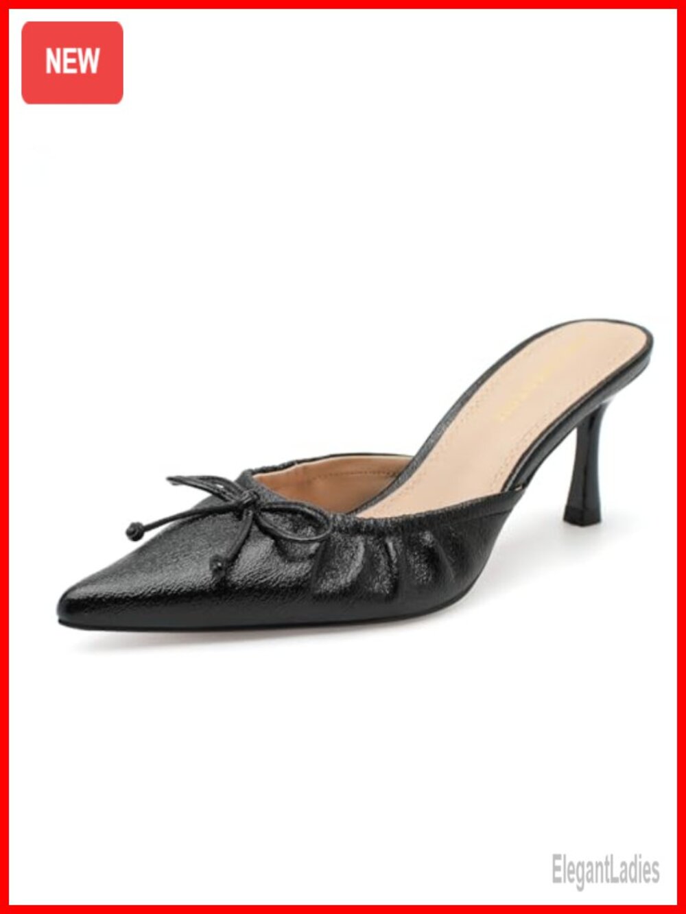 Faux Leather Bow Mule Heels Pointed Toe Kitten Heel Slip On Pumps